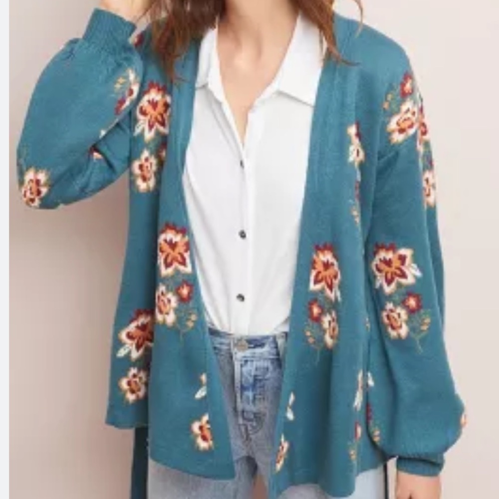 NWT Floral Wrap Blue Cardigan Size M by Anthropologie